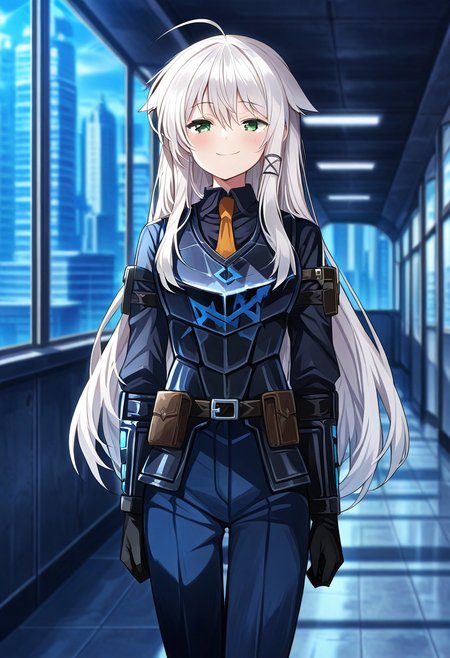 2d, anime_screencap, source_anime, 1girl, solo, anceriseshirokami, white hair, long hair, ahoge, hair flaps, sidelocks, hair ornament, green eyes, WCorpuniform,armor,necktie, indoors, futuristic, smile, smug, outdoors, futuristic city, walking,