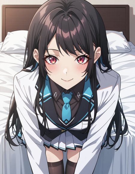score_9, score_8_up, score_7_up, source_anime, uncensored, <lora:StS_detail_slider_v1:3>, zPDXLxxx, <lora:Kaori_Houjou_PONYXL_VexVexX:1>, KaoriHoujou, red eyes, black hair, long hair, bangs, medium-small breasts, school uniform, jacket, blazer, white jacket, black shirt, collared shirt, pleated skirt, white skirt, black thighhighs, blue necktie, cowboy shot, bedroom, from front, Sitting on a blanket with legs crossed and hands resting on knees, leaning forward slightly with a relaxed posture, thighs, looking at viewer, smile,