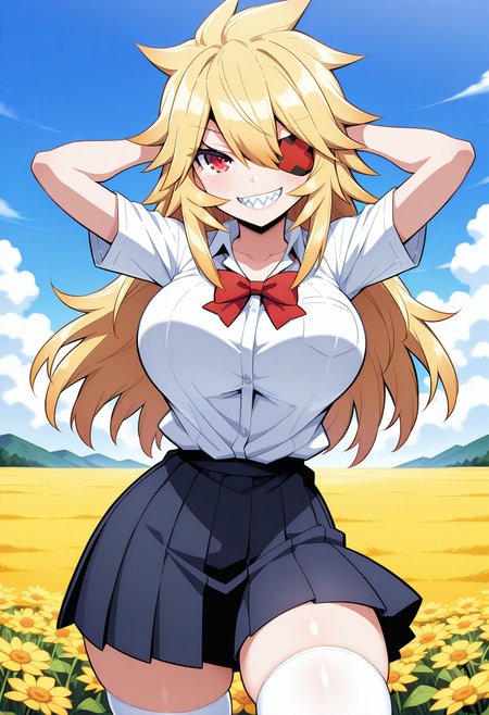 blackgeneral-san, red eyes, eyepatch, blonde hair, long hair, school uniform, white shirt, collared shirt, shirt tucked in, pleated skirt, white thighhighs, <lora:blackgeneral-san_illustrious_ver1:0.8> 
1girl, solo, (field:1.2), (blue sky:1.2), looking at viewer, smile, sharp teeth,, masterpiece, best quality, general,, (cowboy shot, dynamic pose:1.4),