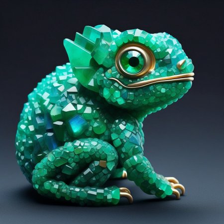 baby chameleon, gemstone geode semi-sphere encrusted embedded rare gem, detailed face, blue eyes, cubist mosaic gemstone frame, concept art, emeraldmorph