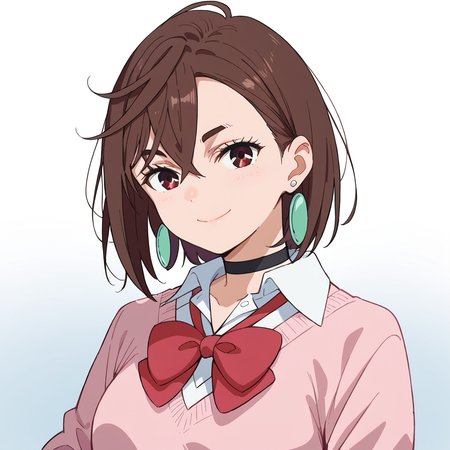 score_9, score_8_up, score_7_up, source_anime, BREAK 1girl, looking at viewer, gradient background, upper body, light smile, momo, brown hair, short hair, hair between eyes, asymmetrical bangs, brown eyes, earrings, black choker, school uniform, white collared shirt, pink sweater, long sleeves, red bowtie,  <lora:momo-ponyXL-v0.5-000008:0.8>