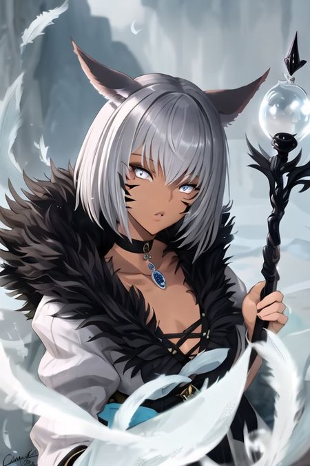 solo, 1girl, solo_focus, (((masterpiece))), ((best quality)), ((ultra-detailed)), ((too_many)):16, high resolution, absurdres, highres, ultra-detailed 8k unity wallpaper, 
FFXIV Trailer CG, 1girl, solo, short hair, hair ornament, dress, animal ears, cleavage, jewelry, upper body, white hair, parted lips, choker, cat ears, signature, dark skin, blurry, black dress, dark-skinned female, lips, grey eyes, fur trim, blurry background, black choker, facial mark, feathers, looking up, slit pupils, staff, brooch, holding staff, feather hair ornament, whisker markings, miqo'te, fur-trimmed dress, Y'shtola Rhul