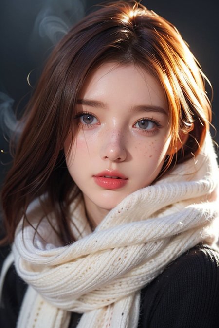 Face behind wooly scarf, Petite redhead Woman in snow, Freckles, face Closeup, face Hidden behind Pastell neon Striped wooly scarf, only blushed flirting eyes visible, looking at viewer, very Detailed, awesome Quality, reflecting, luminescent, translucent, Ethereal, Aura, 80s DARK dystopian Blade Runner Flair, very detailed, uhd, masterpiece, White smoke, light beams through smoke,<lora:TWbabe2:0.4>