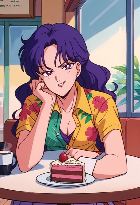 score_9, score_8_up,score_7_up, source_anime, 1girl, solo,
hawaiian shirt, dress shirt, unbuttoned, multicolored shirt, purple shorts,
looking at viewer, pov across table, pov, table, cafe, coffee, upper body, elbow rest, seductive smile, smirk, parted lips, cake
indoors,
<lora:SlrmnRtr_pdxl_EliPot:1>