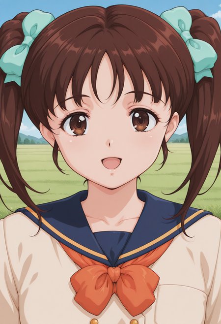 fr_koizumi_rina, brown eyes, brown hair, twintails, hair bow, school uniform, beige shirt, long sleeves, <lora:fr_koizumi_rina_illustrious_ver2:0.8> 
smile, open mouth,, masterpiece, best quality, sensitive,, 1girl, solo, blue sky, (grasslands:1.2), looking at viewer,, (upper body:1.2), (close-up:1.2), (facing viewer:1.2), (open eyes:1.4), (portrait:1.2)