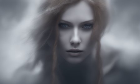 sematical drift->:0.0, a full body shot, side view of a female:<-,
Her (ginger undone hair:1.2) covers part of her beautiful face and bare chest.
hyper realistic eyes, symmetrical eyes, perfect pupils, perfect blue iris, perfect sclera, beautiful eyelashes,
There is diffuse, misty and smoky atmosphere around her, giving the picture a mystical element. The picture is photographed in a monochromatic scheme, mainly with shades of black, white and gray.
dystopian style, 8k UHD, RAW photo, highly detailed,  photo realism, photorealistic, bleak, post-apocalyptic, somber, dramatic, long shot