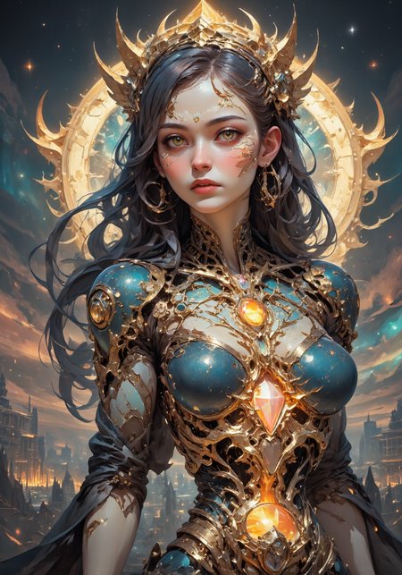 cyborg bride with visualization of all internal details. Gold, crystals, chrome, glitter, on the background of futuristic city.hyperdetailed, intricate , sharp, clear, HDR, high quality , HD, octane render, impressive, vibrant, Refined, perfect, best, contest winner.luxury, wonderful, superb, magical, mesmerizing, enchanting 
 <lora:DarksunRIDDV3:0.6> <lora:flux_hyperkraximalism-crazy:0.6> <lora:Midjourney_-_SemiReal_Dreams_FLUX_LoRA:0.6> <lora:CPA:0.6> <lora:BLUE_mk4_angel_FLUX_01:0.6> <lora:BioInk2FLUX:0.6>
