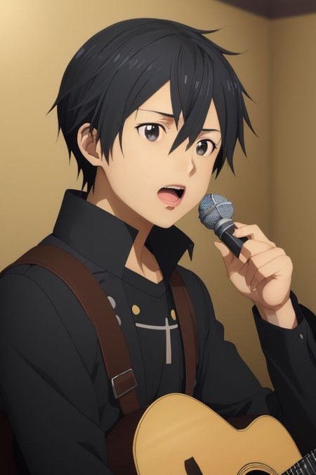 high resolution, solo, best quality, 1Boy, Kazuto Kirigaya, portraits, Black Hair, Black Eyes, singing, portrait, dept of field, virtual concert, playing musical instrument, OverallDetail