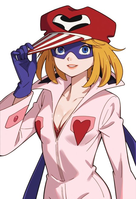 1girl, solo, yatterman2, pink jumpsuit, hat, blonde hair, blue eyes, mask, gloves, parted lips, smile, looking at viewer, cleavage, medium breasts, white background, score_9, score_8_up, score_7_up, score_6_up, score_5_up, score_4_up, best quality, masterpiece, source_anime, <lora:Ai_Kaminari__Ai-chan__Yatterman-2_Yatterman__YattÄman_19771979:1>