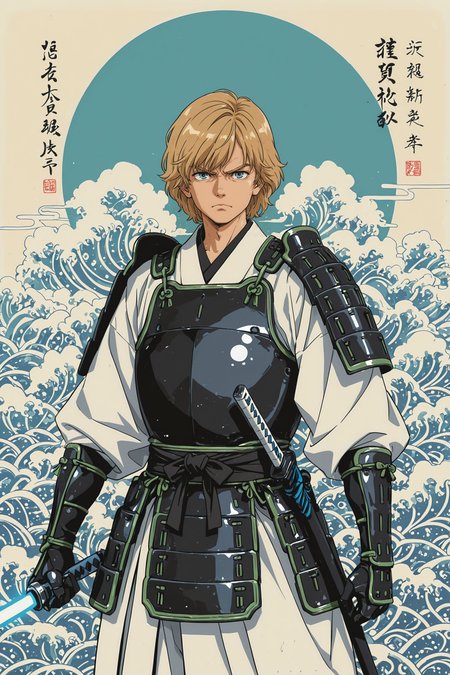 masterpiece, best quality, (anime coloring), (minimalism:0.8), ukiyo-e, high detail, 
1boy, luke skywalker, blonde hair, blue eyes, samurai, samurai armor, white kimono, green trim, armored sleeves, layered armor, chest armor, shoulder armor, armored gloves, waist belt, blue lightsaber, holding weapon, standing, serious expression, power pose, blue circle background, stylized clouds, stylized waves, minimalist background, vintage aesthetic, parchment, archaic japanese text,  <lora:add-detail-xl:1>