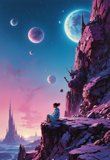 ghiblistyle fantasy oil painting, retro sci-fi, young girl sitting on the side of a cliff on a fantastical alien planet. A fantastical planet and multiple stars and moons fill the sky, enhancing the sci-fi atmosphere.