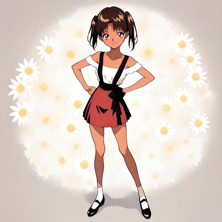 <lora:KnI_kawarazaki_reiXLanimagine001>,
masterpiece,high score,great score,absurdres,
flower background,glitter,
smile,
looking at viewer,
solo,
anime coloring,retro artstyle,
kawarazaki_rei\(kawarazakike_no_ichizoku\),1girl,brown hair,twintails,brown eyes,tan,
off-shoulder sleeveless shirt,
waist ribbon,suspender_skirt,
socks,mary janes,
full body,
standing,