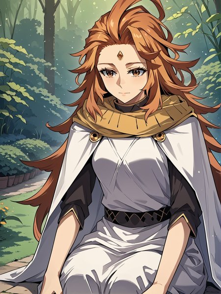 <lora:nix-000002:1>
reddish orange hair, long hair, loose hair, brown eyes, 1 girl, solo, white cape, white dress, white pants, yellow scarf, white tunic, black shirt <lora:!action-sdxl-V0.5:1>
masterpiece, best quality, absurdres, perfect anatomy, 1girl, solo, wariza, sitting, hands on own knees, garden background  <lora:light:1>