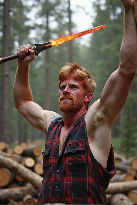 A stunning high-resolution photograph of Aric, a striking ginger man,An action-packed close-up shot of Aric, the ginger warrior, standing ready with a sword of mesmerizing red and yellow fire. The flames dance with fantasy and excitement, casting a warm glow on his face, which exhibits fierce determination. In this serene forest background, ancient trees loom behind him, their trunks bathed in soft light, creating a magical contrast between the natural world and the fiery weapon he wields. The focus captures the intense moment as he prepares to strike, with the surrounding flora blending seamlessly into the magical scene. Created Using: macro photography, cinematic lighting effects, vibrant color interplay, expressive emotion, natural setting, action-oriented composition, high-definition detail, storytelling perspective