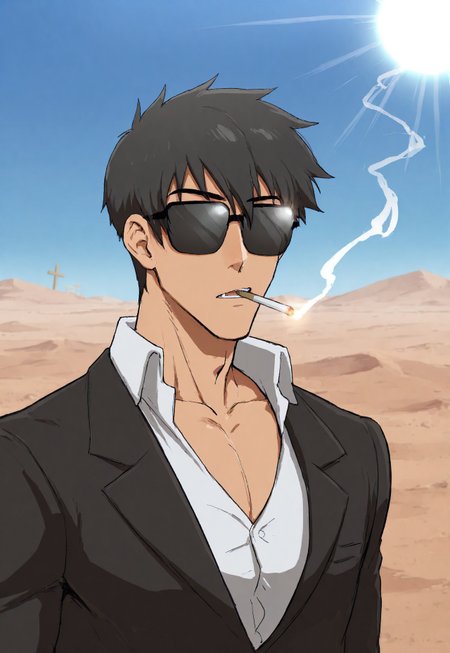 masterpiece, best quality, amazing quality, very aesthetic, absurdres, newest, detailed background, 1boy, solo, trigun stampede, nicholas d. wolfwood, black hair, grey eyes, suit, sunglasses, opaque glasses,  cross, upper body, outdoors, desert, sun, sunbeam, light rays, mouth open slightly, smoking, cigarette