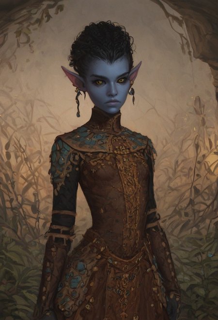 solo, short pointy ears, piercings, random elf face, aquiline features, androgenous dark elf, weathered skin, large nose, insect chitin armor, insect chitin helmet, insect chitin ornaments, stylized insect pattern, athletic build,  animated realism, zoomed out, Syrian features, torso, brass pipes and gears, intricate architecture, dwarven masonry, dwemer fixtures, white-green light, gloomy lighting, ancient ruins, interior, stone tiled floor, grey-blue skin, mahogany and ivory clothes, medium armor, bone plate armor, ivory straps and fittings, alien bone ornaments, grey wood neckguard, dark red sclera, black pupils, distant mushroom forest, blue-green light, neon, highly detailed, defined features, looking at viewer, three quarters view, from front, dynamic lighting, 18 years old, light and shadows, patterned cloth, annoyed expression, expressive eyes, detailed medieval clothes, small_breasts, short hair, wavy hair, thick hair, beaded hair, braided hair, under cut hair, semirealistic, alien elf, spanish features, jewish features, black hair, dark red hair, umber skin, sharp features, pastel green inuit print cloak, nighttime, high detail, absurdres, pretty eyes, detailed eyes, yellow eyes,