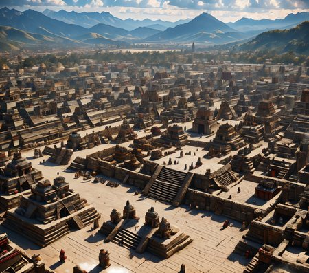 RAW photo, (masterpiece:1.3), subsurface scattering, heavy shadow, (high quality:1.4), (intricate, high detail:1.2), professional photography, HDR, High Dynamic Range, realistic, ultra realistic, photorealistic, high resolution, film photography, ambient lighting, atmospheric effects, <lora:detail_slider_v4:2>, OverallDetail,  <lora:Aztec_Architecture:1>, aztar, an aztec city with pyramids and temples and a market square