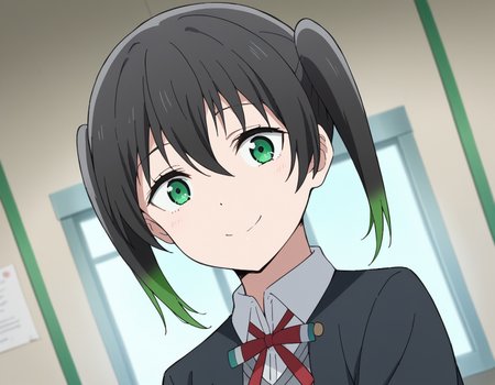 score_9, score_8_up, score_7_up, source_anime, <lora:yuu-takasaki-s2-ponyxl-lora-nochekaiser:1>, yuu takasaki, bangs, black hair, hair between eyes, twintails, green eyes, multicolored hair, green hair, medium hair, two-tone hair, gradient hair,, skirt, long sleeves, school uniform, jacket, red ribbon, black jacket, blazer, nijigasaki academy school uniform, white skirt,, indoors, smile, looking at viewer, solo,, cowboy shot, dutch angle