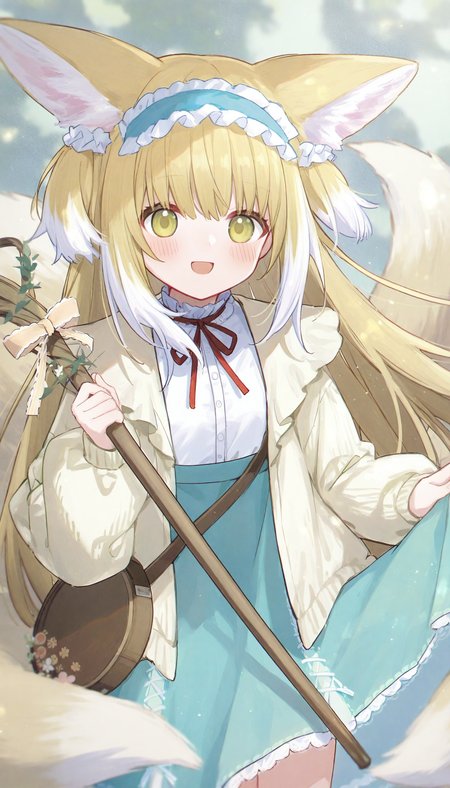 1girl, suzuran \(spring praise\) \(arknights\), suzuran \(arknights\), 
solo, open mouth, multicolored hair, frills, hairband, yellow cardigan, fox tail, staff, white shirt, ribbon, blonde hair, neck ribbon, hair down, white hair, holding, kitsune, long hair, cowboy shot, cardigan, infection monitor \(arknights\), skirt hold, very awa helltwallle \(meme\), :d, blue hairband, shirt, official alternate costume, fox girl, two-tone hair, smile, meme, fox ears, tail, red ribbon, blue skirt, animal ears, looking at viewer, blush, animal ear fluff, holding staff, short sleeves, pouch, multiple tails, green eyes,
masterpiece, best quality, newest, absurdres, highres
 <lora:sei3_noob1.1-000200:0.9>