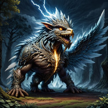 hyper detailed masterpiece, dynamic, awesome quality,LoromXL_Druidic_Naturalism,
ogre, large majestic formidable powerful mythical bird,  sharp edged lightning-like feathers, thunderous flapping of wings produces thunder, power, transformation, natural forces, thunder, lightning   <lora:LoromXL_Druidic_Naturalism:1>