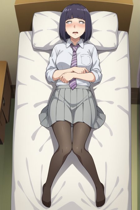 score_9, score_8_up, score_7_up, score_6_up, score_5_up, score_4_up, BREAK source_anime, 1girl, solo,
<lora:HinataBorutoXL-v1-07:0.7>, ChopioHinataBoruto, medium hair, purple hair, shiny hair, bob cut, blunt bangs, no pupils, white eyes, looking at viewer,
medium breasts, mature female,
collared shirt, striped necktie, sleeves rolled up, grey skirt, pleated skirt, full body,  pantyhose, 
bedroom, bed, bed sheet, pillow, on bed, on back, from above, embarrassed, shy, open mouth, (blush:1.1),