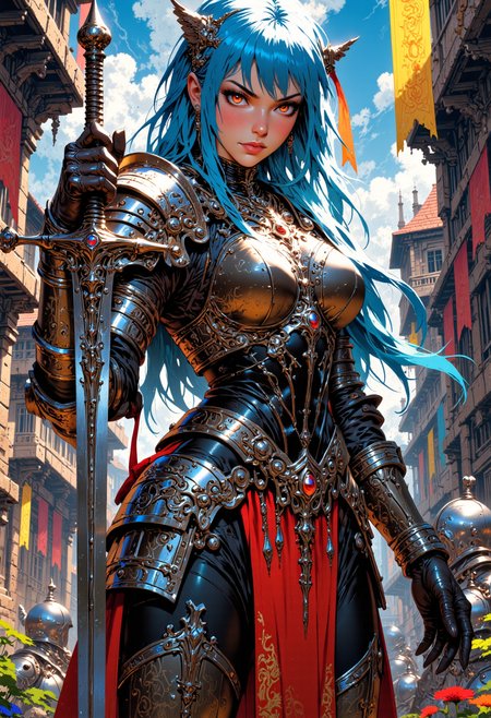 Image is a close up digital fantasy artwork featuring a female knight character practicing with her sword. She has pale skin with bright blue hair with light highlights. Her red eyes and a flaming aura in them. She's wearing an intricately designed fantasy corset armor with matching gloves and thigh high boots. Her hands is a large greatsword. The background is of a stone barracks, fantasy castle, armored knights, colorful flags, colorful trees.
