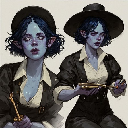 score_9, score_8_up, 8, score_7_up, score_6_up, solo,  female, water genasi, pointed ears, blue skin, cobalt eyes, shaggy bob haircut, dark blue hair, purple freckles, full lips, small bust, white button up shirt, sleeves rolled up, suspenders, tight black pants, black dress boots, fully unbuttoned shirt, loose necktie, wide brim black fedora, sitting on the steps of a brothel, holding a pipe, smoke flowing from the pipe, content look on her face, medieval, fantasy
