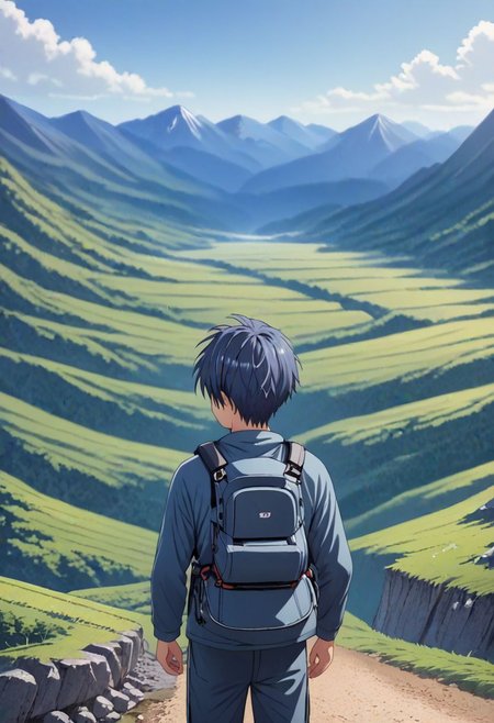 high resolution, solo, best quality, 1Boy, Tomoya Okazaki, Grey Blue Hair, landscape, looking away, high mountain, hiking gear, shallow depth of field, OverallDetail