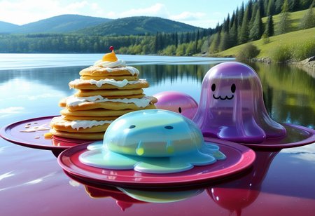 {foodphoto, a stack of pancakes made out of slime, (slime pancakes:1.5), slime syrup, pancakes covered in syrup, a swirl of whipped topping on top of a stack of pancakes, (slime whipped cream:1.5), (tan slime pancakes:1.5), (white slime topping:1.5)}, 
plate made of slime, table made of slime,
natural light, no bright spots, 
((translucent slime)), ((transparent slime)), made of water, (bioluminescent slime), sl1m3d, slime, slime-morph, ais-blmn, saturated colors, no creatures, no humans, no monsters, no pokemon, scenery only, scenery, no slime creatures,
