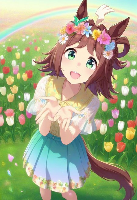 Tulip flower hair_ornament, (umamusume, rhein_kraft_(umamusume), horse_ears, horse_girl, tail, 1girl, ahoge, animal_ears,)
casual, field, flower, flower_field, green_eyes, hair_between_eyes,
head_wreath, looking_at_viewer,  solo, aesthetic, absurdres, symmetric ,spiralling vortex made of multicoloured tulips, lush foliage sunrise,  ripples, reflective, jaynl-tm, rainbow, , g0ldsw0rthy,
(realistic, photo,  artistic, medium_hair, one_eye_closed, petals, relaxing, smile,  : 0.7)