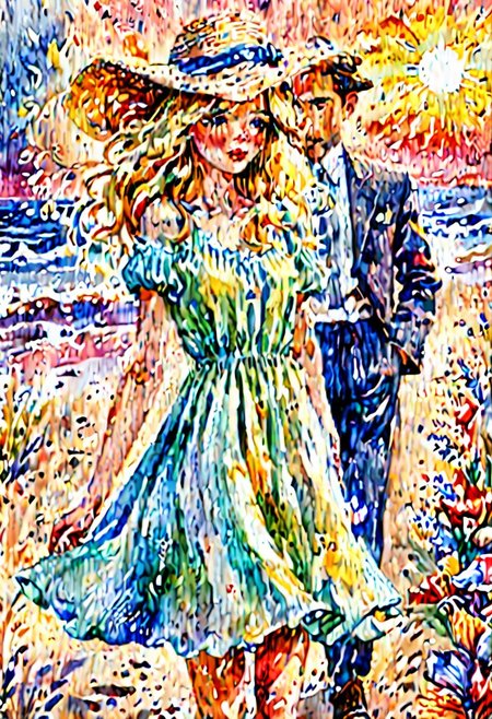 #main prize #beautiful soft colors #bright #cozy #delicate shades #dreamy and magical #kaoruyamada #perfectly anatomically correct #professional watercolor colors #realistic #soft background for boxing #soft edges #very detailed #warm lighting #watercolor style #windy #elenayushina
Hint: A gorgeous soft watercolor, a charming blonde in a beautiful summer dress and hat, strolls with a handsome brunette in elegant summer clothes along a sandy beach with shells, and they watch a fabulous, gentle sunset, a soft background of delicate shades, professional watercolor, professional, award-winning masterpiece, perfectly anatomically correct, watercolor style by Elena Yushina and Kaoru Yamada, windy, bright, cozy and warm lighting, dreamy and magical, very detailed, beautiful soft colors, soft edges, fog. realistic, blooming
Modifiers: high resolution, realistic, elegant, fantastic, intricate, very attractive, beautiful, high resolution, no text, super detailed, anatomically correct, no watermarks, very soft colors, soft fog, watercolor on wet
