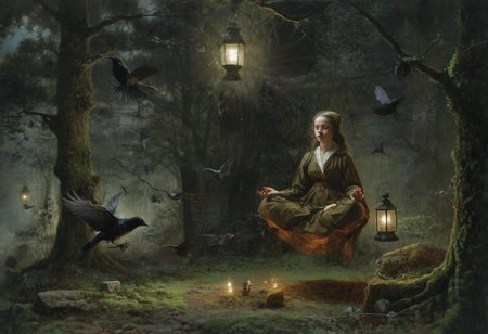 1girl, lotus pose, levitate, above mossy forest floor, trees, crows, rats, lantern, dark, night, oil painting, artwork  by  ridley scott  and Jan Vermeer, sidelight, perfect face, w1+ch, black forehead
 <lora:Witch_SDXL_r1:0.5> w1+ch, <lora:Dramatic Lighting Slider:0.9> <lora:Breast Size Slider:1.5>
 <lora:levitate-PNY-SDXL-SD15-Panache:1.1>