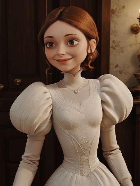 score_9, score_8_up, score_7_up,  score_6_up, BREAK, Lucill3, 1girl, solo, smile, short hair, brown hair, long sleeves, brown eyes, puffy sleeves, white dress, juliet sleeves,  <lora:Lucille:1>
