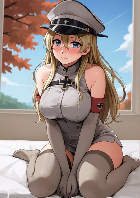 1girl, bismarck (kancolle), huge breast, furry female, furry, autumn leaves, blonde hair, blue eyes, blue sky, blush, breasts, cloud, cross, elbow gloves, gloves, gradient sky, grey thighhighs, hair between eyes, hat, iron cross, long hair, military, military uniform, no shoes, peaked cap, sitting, sky, sleeveless, smile, solo, thighhighs, tree, uniform, window, yellow sky, zPDXL3  <lora:çä¹³ãã¾ãGyuunyuu_Umao_doujinshi:1>