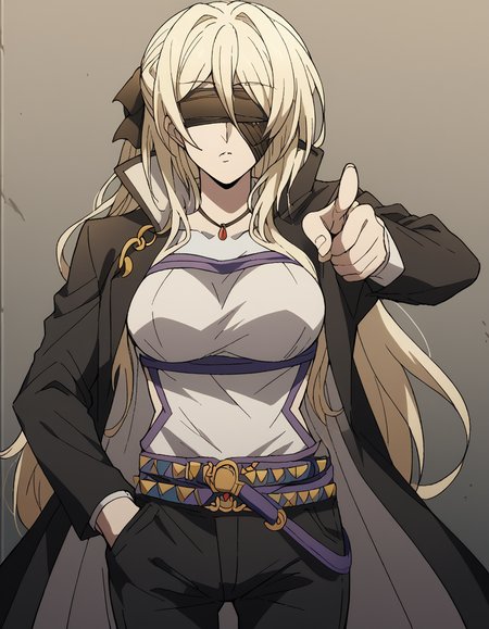score_9, score_8_up, score_7_up, source_anime, <lora:sword-maiden-s2-ponyxl-lora-nochekaiser:1>, sword maiden, long hair, bangs, blonde hair, blindfold, covered eyes, black blindfold, large breasts, <lora:kujo-jotaro-cosplay-ponyxl-lora-nochekaiser:1>, kujo jotaro cosplay, kujo jotaro (cosplay), gakuran, cosplay, belt, black headwear, black jacket, black pants, high collar, multiple belts, pants, shirt,, street, jojo pose, pointing, hand in pocket, cowboy shot, looking at viewer,