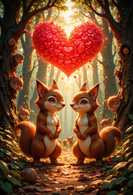 a whimsical forest scene. At the center, two anthropomorphic creatures resembling squirrels stand on their hind legs, facing each other with their noses touching. They have large, expressive eyes and bushy tails. Their fur is a mix of brown and cream colors. Above them, a large heart shape is formed by a cluster of smaller red hearts, glowing with a warm light that illuminates the scene. Surrounding them are other small creatures, some peeking from behind trees, all with similar cartoonish features. The background is a dense forest with tall trees and dappled sunlight filtering through the leaves, creating a magical and enchanting atmosphere. The overall color palette is warm, with rich browns, greens, and reds, enhancing the fairy-tale ambiance of the illustration.
