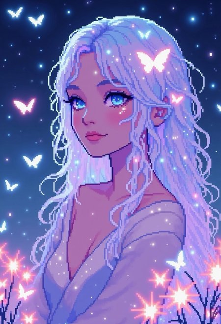pinkpixelicious,
A graceful woman with pale iridescent skin and eyes that shift between hues of teal and lavender. Her long, pastel rainbow hair cascades like flowing silk, reflecting soft aurora colors. Tiny ethereal butterflies glow around her, fluttering in the twilight breeze. She wears a sheer, flowing gown that blends seamlessly with the dreamy atmosphere, as a glowing meadow of bioluminescent flowers stretches behind her.