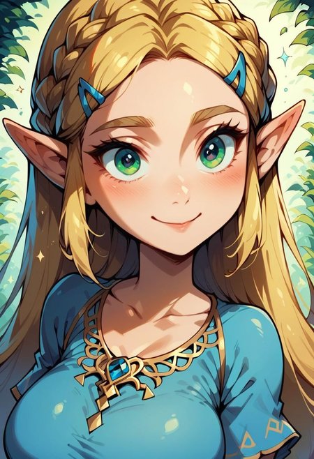 score_9, score_8_up, score_7_up, score_6_up, eyelashes , 
 princess zelda, long hair, blonde hair, crown braid, hairclip, pointy ears, blue shirt, , large breasts, green eyes, with elf ears, cute face, soft eyes, smile,