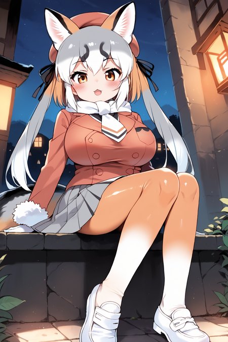 score_9, score_8_up, score_7_up, masterpiece, best quality, source anime, BREAK,
in a village,  (blush:1.1) open mouth,  furrowed brow,   naughty face, ,  looking at viewer,, leaning back,   BREAK
1girl, shiny skin, shiny hair, toned,  narrow waist, huge breasts, teenage,
(IslandFox_KemoV,:1.2) island fox \(kemono friends\), 
fox tail, fox girl, fox ears, twintails, animal ear fluff, long twintails, multicolored hair,grey hair, orange hair, white hair, 
(original costume, red hat, beret,:1.1) 
blazer, pleated skirt, orange pantyhose, jacket, grey skirt, long sleeves, white gloves,