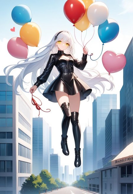 (masterpiece), (score_9, score_8_up, score_7_up,source_anime), best quality, ultra-detailed,24K, illustration, (Uncorrected), CG, 
Latex, girl, umbrella,
Multiple balloons, huge balloon, heart-shaped ballon. 
(Girl holding string of balloons, floating, white hair, ultra-long hair, amber eyes, ultra-detailed eyes:1.2), Chevalier dress, jacket, puntyhose, leather boots, 
in Rooftop of Skyscraper, modern city, Skyscraper,