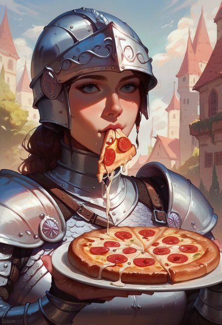score_9, score_8_up, score_7_up,  , portrait,   
1girl, solo,  close up, eating slice of pizza, 
medieval, heavy armor, plate armor, helmet, knight,
