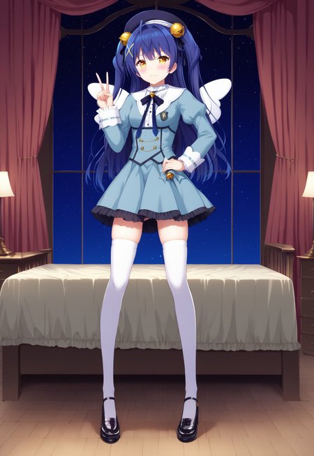 safe_pos, safe_pos, safe_pos, safe_pos, safe_pos, safe_pos, safe_pos, safe_pos, score_9, score_8_up, score_7_up, score_6_up, masterpiece, source_anime, high quality, perfect face, detailed eyes, perfecteyes, perfect balance, detailed face, detailed background, uncensored, newest, absurdres, highres, very aesthetic, highly detailed background, indoor, bedroom, bed, windows, night, by typehatena, 
akokoro, ribbon, hair bell, x hair ornament, two side up, skin fang, beret, dress, blue dress, long sleeves, jingle bell, wings, thighhighs, white thighhighs, black footwear, small breasts,
1girl, solo,  full body, long legs, tall female, long calves, long legs, tall_girl,long_legs,  low angle,  very long leg,   skindentation, standing, full body shot,   full body shot:1.9, full view:1.9, closed mouth, shy, blush, peace sign