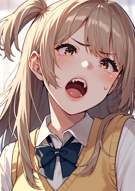 score_9, score_8_up, score_7_up,  1girl,  long hair, two side up, solo, blush, open mouth, sweatdrop, sweater vest, school uniform
,   <lora:Henkuma_PonyXL_V2_dim32-000032:1>