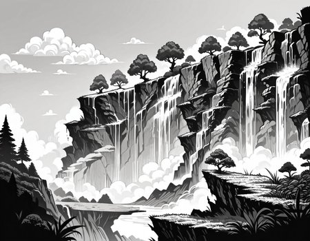 score_9, score_8_up, score_7_up, <lora:Clean Sketch (J) style:1> monochrome,  cliffside with waterfalls and a meadow