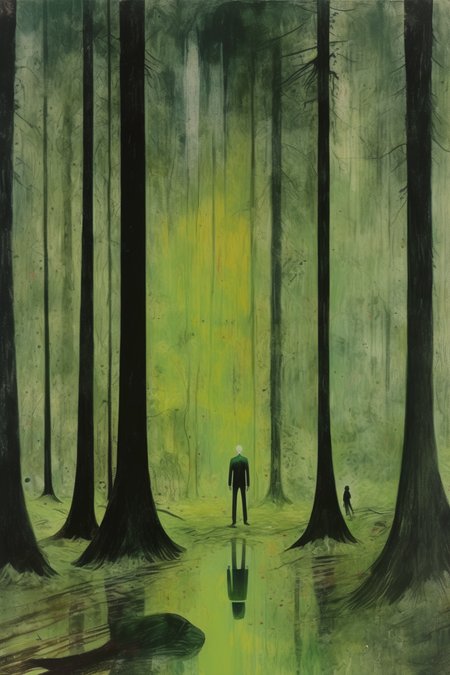 <lora:Peter Doig Style:1>Peter Doig Style - concept art for the sinister middle of the forest painted