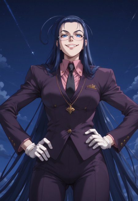 score_9, score_8_up, score_7_up, masterpiece, best quality, amazing quality, very aesthetic, absurdres, RipVanWinkle, 1girl, solo, female focus, blue hair, very long hair, huge ahoge, blue eyes, freckles, pale skin, glasses, smirk, fangs, skinny, purple jacket, pink shirt, black necktie, silver necklace, white gloves, purple pants, hand on hip, cowboy shot, outdoors, night sky, grin, dynamic pose, perspective