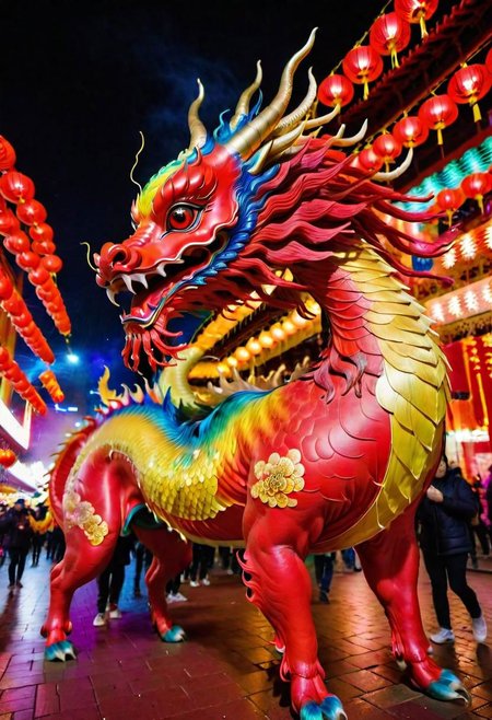 A vivid and ((multicolored Qilin), midnight, in a chinese red lantern festival street with people walking around), magnificent horns, vibrant feathers, majestic and legendary, captures attention with its vibrant hues, colorful high contrast, from china, festival of rich colors, hong kong, epic colors, formidable, rain, eyes lit, standing in the dark, anamorphic lens flares 4k, best of behance, holy flame crown spell, creative commons attribution, wallpaperflare, steven jung, trending on mentalray, hyper realstic, featured on pexels, big horn, highly beautiful, casting a magic spell, color overlay, =	,