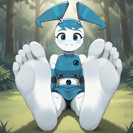score_9, score_8_up, BREAK, (masterpiece:1.4), (best quality:1.2), solo, perfect anatomy, accurate anatomy, perfect feet, perfect soles, PONYXL_WaifuFeetPics_ownwaifu, solo, Jenny wakeman, white skin, blue hair, blue skirt, blue top, robot girl, sexy pose, self portrait, smile, outdoors, sunlight, shadows, evening lighting, natural lighting, forest, trees, grass, orange sky, sunset, (((sitting, barefoot, foot focus, feet, soles)))