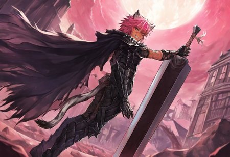masterpiece, very aesthetic, anime screenshot, 1girl, Pink_PonyXL, DragonSlayerSword-Il.V1.0, black armor, shoulder armor, gauntlets, greaves, bandaged arm, black cape, torn cape, bright pink hair, cat ears, scar on nose, cat bell around neck, tanned, white tiger tail, small breasts, femine body, smiling, making a cute cat face, single fanged tooth showing, standing, looking at viewer, side view, wielding-dragonslayer, huge weapon, sword, holding sword, holding weapon, full body, zoomed in on pink_ponyxl, Dutch angle, cowboy shot 
Break
City of hyrule, bright and sunny, happy adoring crowd,