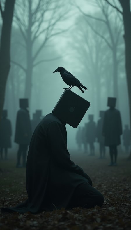 side view, Surreal photograph of a figure kneeling in a foggy forest. The figure's head is replaced with an realistic big exaggerated iphone, on which a black crow is perched. surrounded by many figures with various types of smartphones replaced their head.  The image should have a dark, muted color palette with a shallow depth of field. The overall mood is mysterious and melancholic. 
